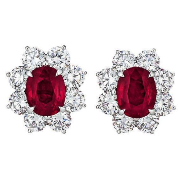 Red-Aaa Ruby And Diamond Stud Earring White Gold - Picture 1 of 3